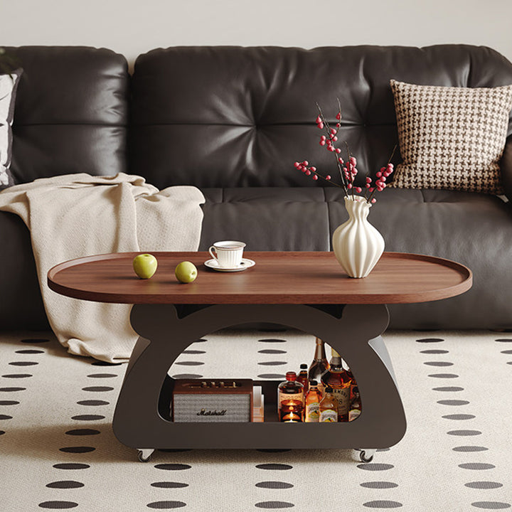 Contemporary Nordic Plywood Carbon Steel Rounded Edges Compact Rolling Movable Decorative Coffee Table 2-Tier For Living Room
