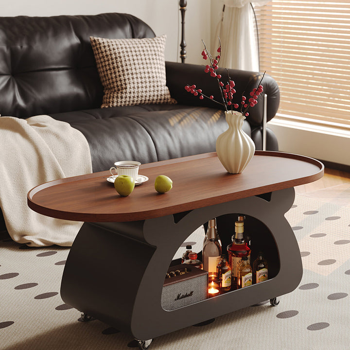 Contemporary Nordic Plywood Carbon Steel Rounded Edges Compact Rolling Movable Decorative Coffee Table 2-Tier For Living Room