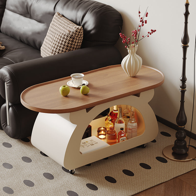 Contemporary Nordic Plywood Carbon Steel Rounded Edges Compact Rolling Movable Decorative Coffee Table 2-Tier For Living Room