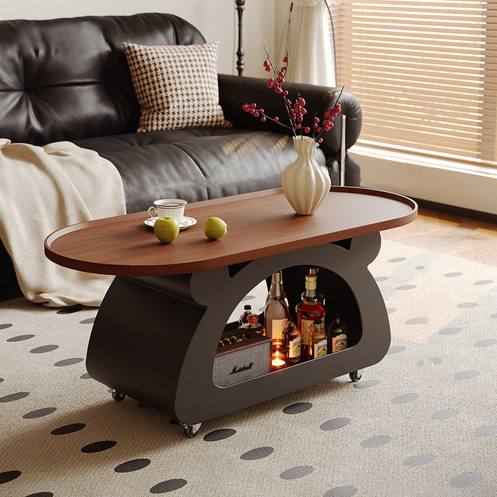 Contemporary Nordic Plywood Carbon Steel Rounded Edges Compact Rolling Movable Decorative Coffee Table 2-Tier For Living Room