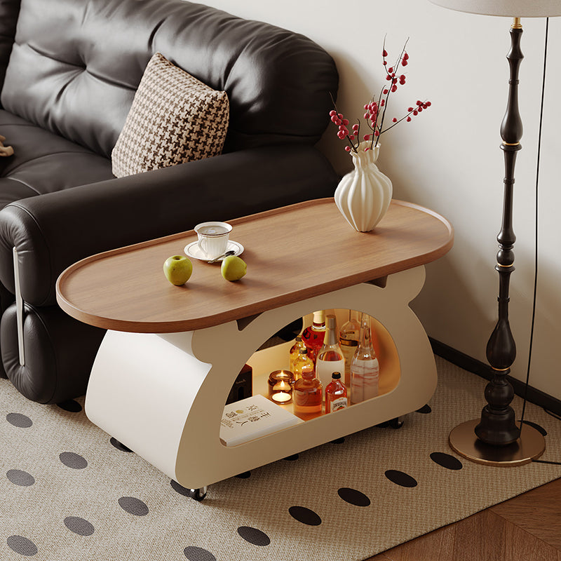 Contemporary Nordic Plywood Carbon Steel Rounded Edges Compact Rolling Movable Decorative Coffee Table 2-Tier For Living Room