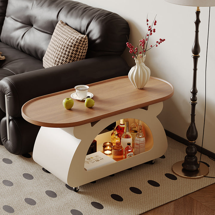 Contemporary Nordic Plywood Carbon Steel Rounded Edges Compact Rolling Movable Decorative Coffee Table 2-Tier For Living Room