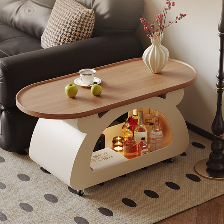 Contemporary Nordic Plywood Carbon Steel Rounded Edges Compact Rolling Movable Decorative Coffee Table 2-Tier For Living Room