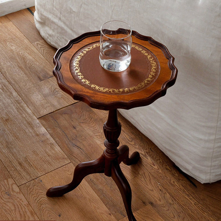 Traditional Vintage E0-Grade Plywood Wood Veneer Sapele Wood Sheep Leather Round Petal-Shaped Tabletop Decorative Side Table For Living Room