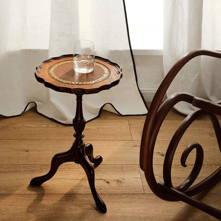Traditional Vintage E0-Grade Plywood Wood Veneer Sapele Wood Sheep Leather Round Petal-Shaped Tabletop Decorative Side Table For Living Room