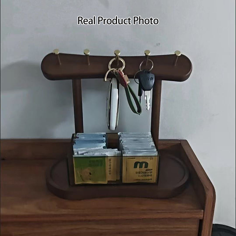 Modern Minimalist Rubberwood Iron Space-Saving Metal Hooks Storage Shelf 1-Tier For Entryway