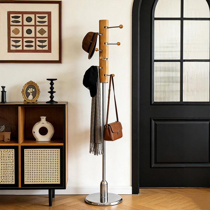 Contemporary Retro Rubberwood Stainless Steel Space-Saving Dandelion-Shaped Hall Tree For Bedroom