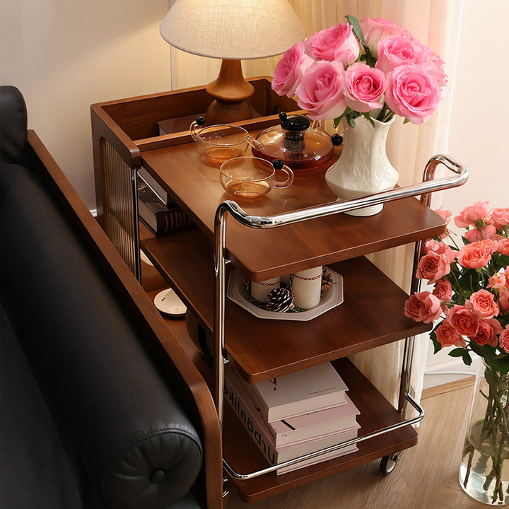 Contemporary Retro Rubberwood Stainless Steel Glass Movable Space-Saving Compact Rolling End Table 2/3 Tiers For Living Room