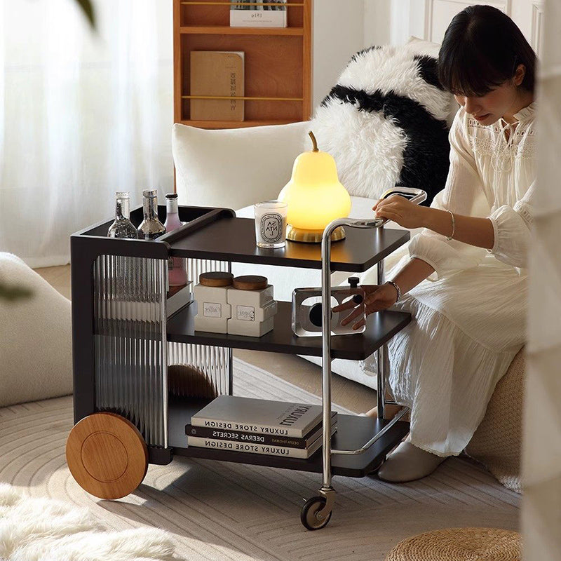 Contemporary Retro Rubberwood Stainless Steel Glass Movable Space-Saving Compact Rolling End Table 2/3 Tiers For Living Room