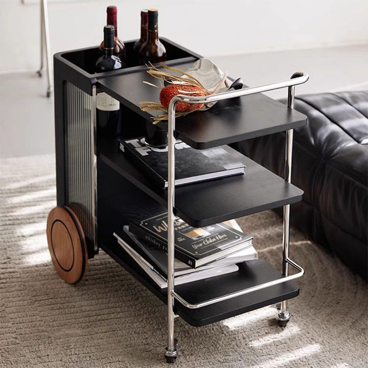 Contemporary Retro Rubberwood Stainless Steel Glass Movable Space-Saving Compact Rolling End Table 2/3 Tiers For Living Room