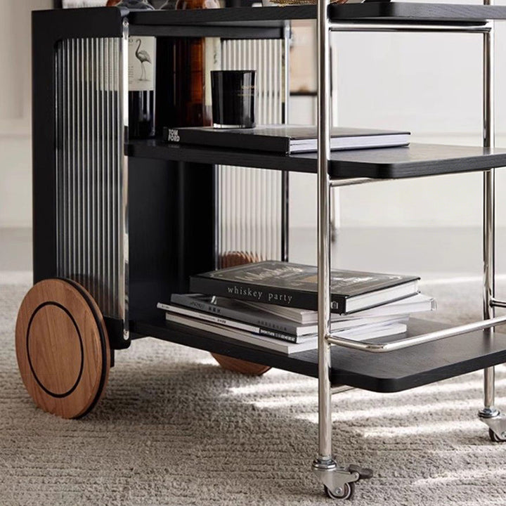 Contemporary Retro Rubberwood Stainless Steel Glass Movable Space-Saving Compact Rolling End Table 2/3 Tiers For Living Room