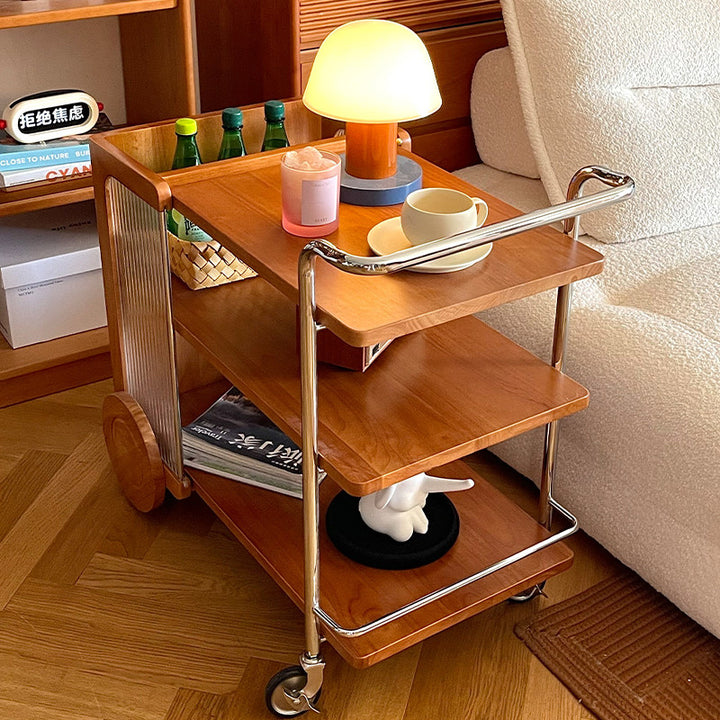 Contemporary Retro Rubberwood Stainless Steel Glass Movable Space-Saving Compact Rolling End Table 2/3 Tiers For Living Room