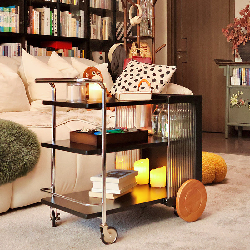 Contemporary Retro Rubberwood Stainless Steel Glass Movable Space-Saving Compact Rolling End Table 2/3 Tiers For Living Room