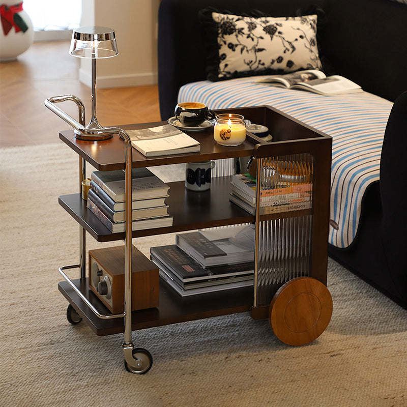 Contemporary Retro Rubberwood Stainless Steel Glass Movable Space-Saving Compact Rolling End Table 2/3 Tiers For Living Room