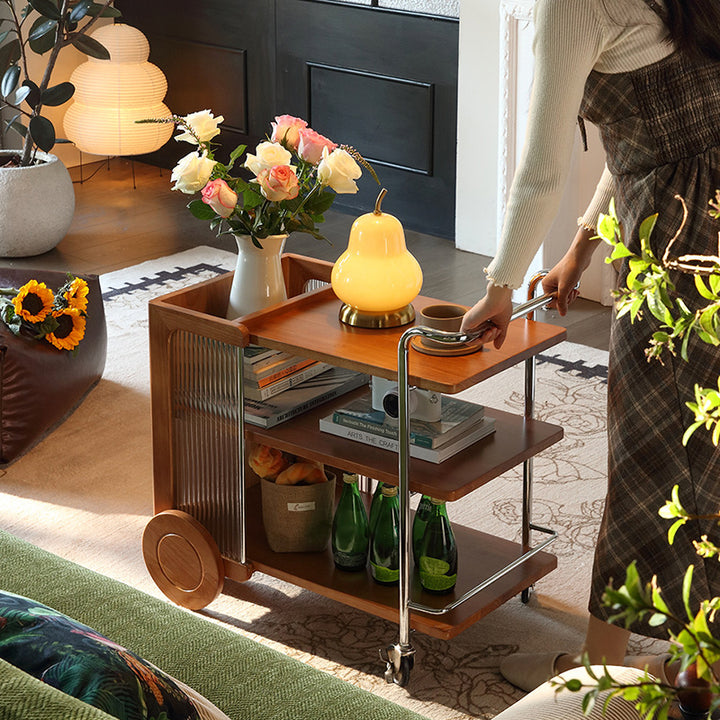 Contemporary Retro Rubberwood Stainless Steel Glass Movable Space-Saving Compact Rolling End Table 2/3 Tiers For Living Room