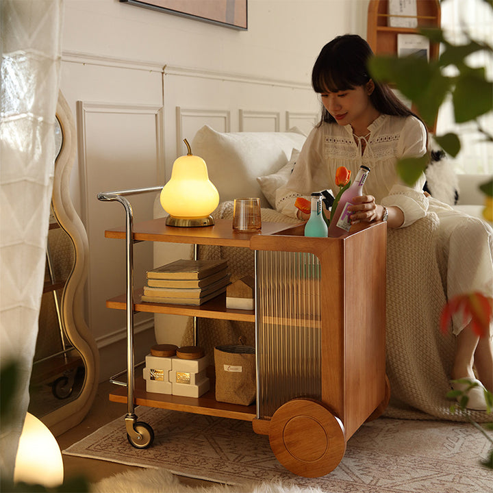 Contemporary Retro Rubberwood Stainless Steel Glass Movable Space-Saving Compact Rolling End Table 2/3 Tiers For Living Room