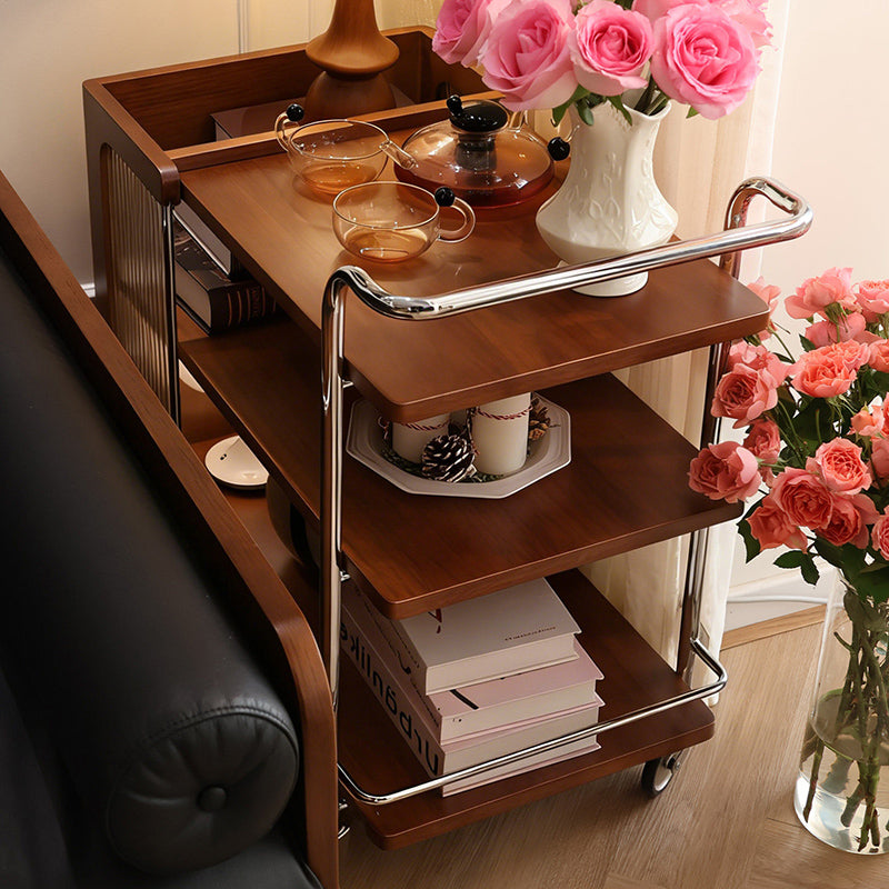 Contemporary Retro Rubberwood Stainless Steel Glass Movable Space-Saving Compact Rolling End Table 2/3 Tiers For Living Room