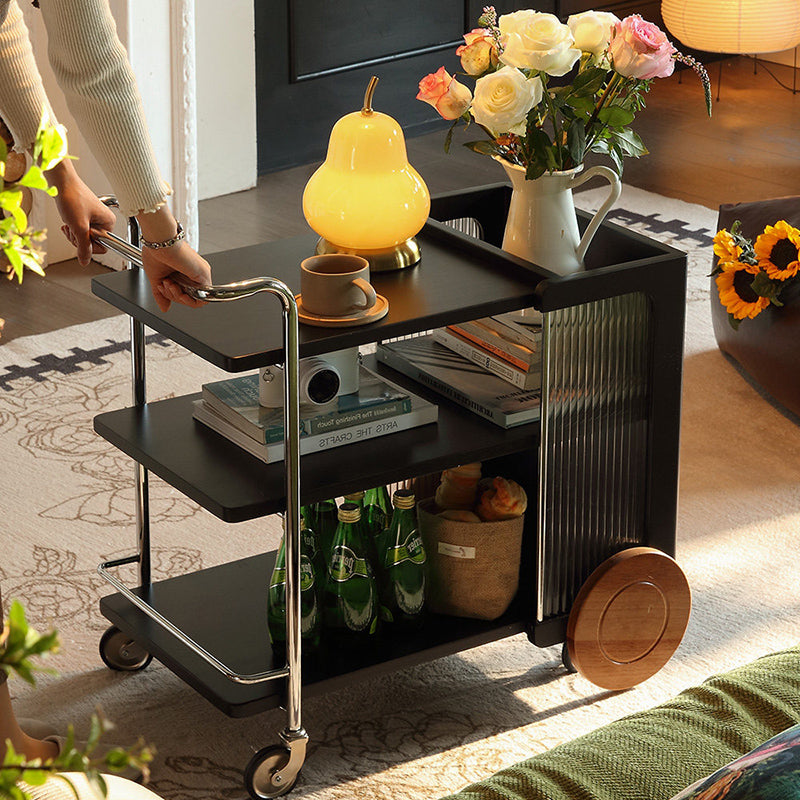 Contemporary Retro Rubberwood Stainless Steel Glass Movable Space-Saving Compact Rolling End Table 2/3 Tiers For Living Room