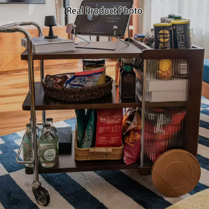 Contemporary Retro Rubberwood Stainless Steel Glass Movable Space-Saving Compact Rolling End Table 2/3 Tiers For Living Room