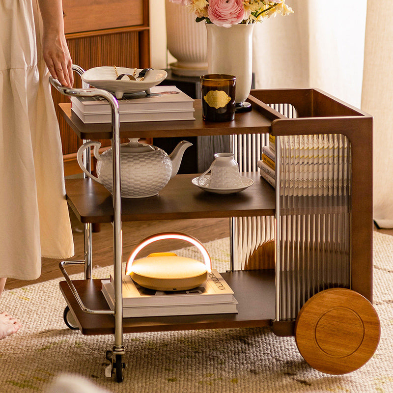Contemporary Retro Rubberwood Stainless Steel Glass Movable Space-Saving Compact Rolling End Table 2/3 Tiers For Living Room