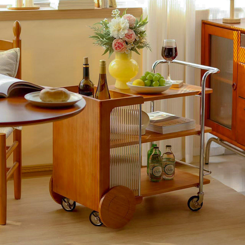 Contemporary Retro Rubberwood Stainless Steel Glass Movable Space-Saving Compact Rolling End Table 2/3 Tiers For Living Room