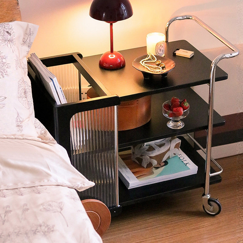 Contemporary Retro Rubberwood Stainless Steel Glass Movable Space-Saving Compact Rolling End Table 2/3 Tiers For Living Room