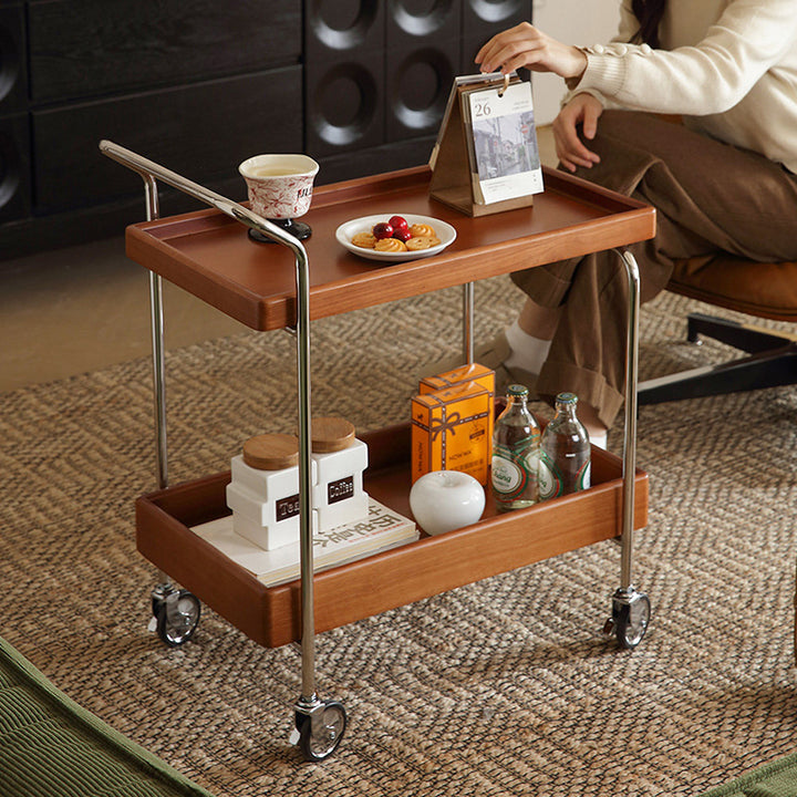 Contemporary Retro Rubberwood Stainless Steel Glass Movable Space-Saving Compact Rolling End Table 2/3 Tiers For Living Room