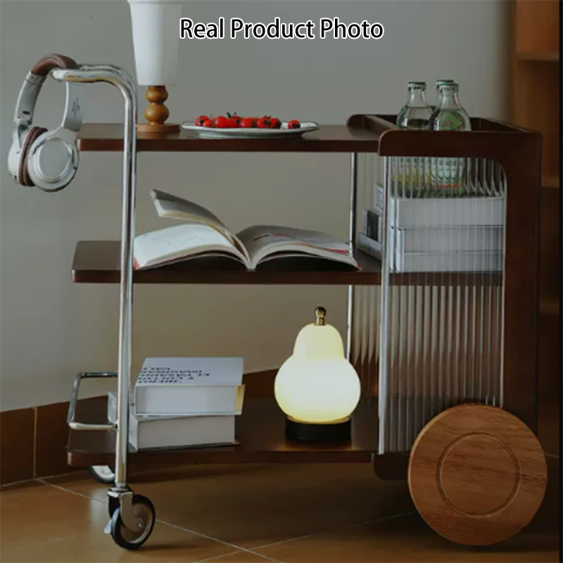 Contemporary Retro Rubberwood Stainless Steel Glass Movable Space-Saving Compact Rolling End Table 2/3 Tiers For Living Room