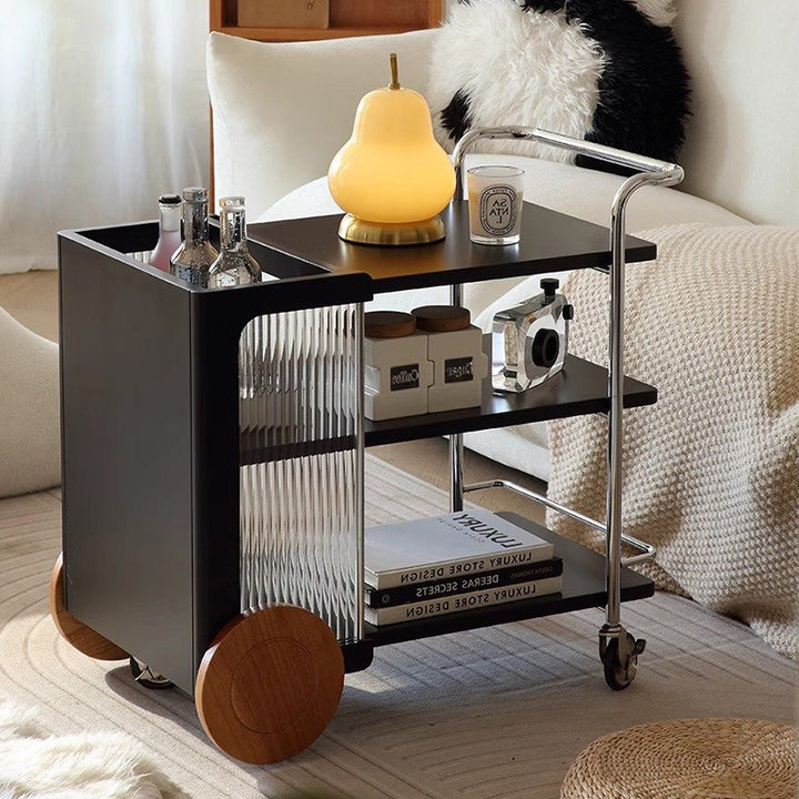 Contemporary Retro Rubberwood Stainless Steel Glass Movable Space-Saving Compact Rolling End Table 2/3 Tiers For Living Room
