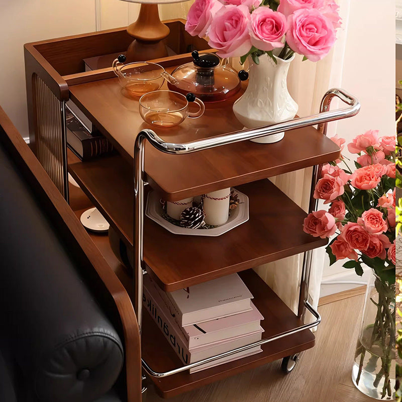 Contemporary Retro Rubberwood Stainless Steel Glass Movable Space-Saving Compact Rolling End Table 2/3 Tiers For Living Room