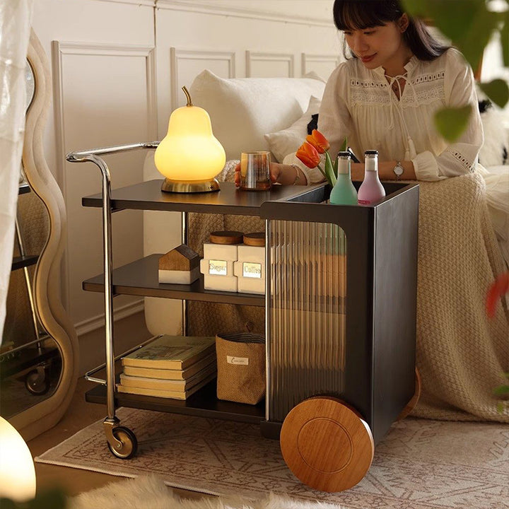 Contemporary Retro Rubberwood Stainless Steel Glass Movable Space-Saving Compact Rolling End Table 2/3 Tiers For Living Room