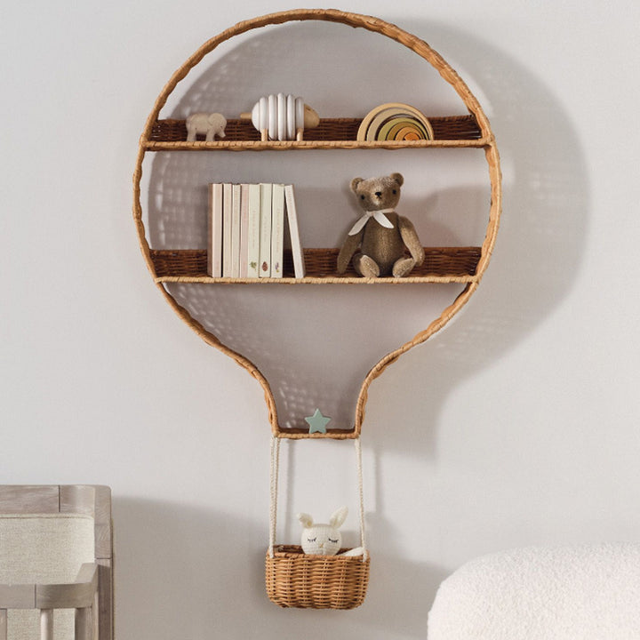 Contemporary Boho Rattan Weaving Cotton Rope Iron Decorative Space-Saving Balloon Shaped Storage Shelf 4-Tier For Living Room