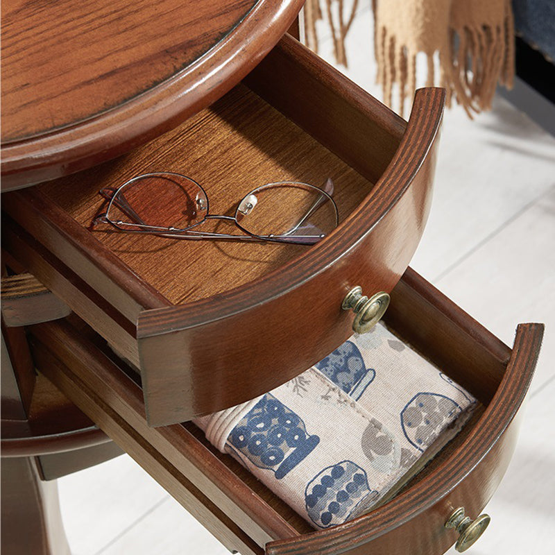 Contemporary Retro Rubberwood Space-Saving Round End Table 2-Drawer For Living Room