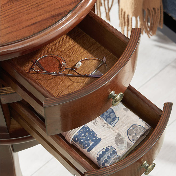 Contemporary Retro Rubberwood Space-Saving Round End Table 2-Drawer For Living Room