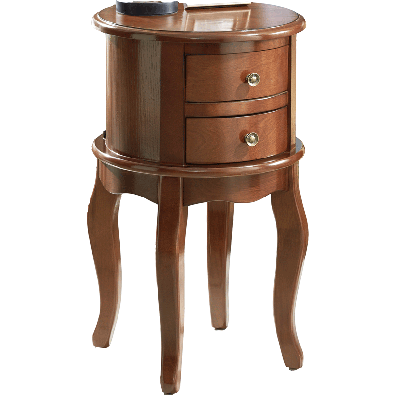 Contemporary Retro Rubberwood Space-Saving Round End Table 2-Drawer For Living Room