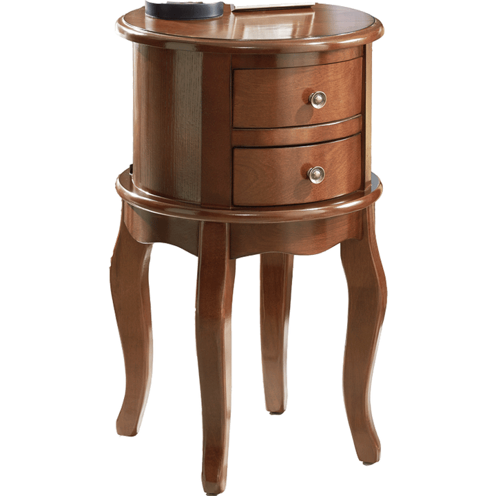 Contemporary Retro Rubberwood Space-Saving Round End Table 2-Drawer For Living Room