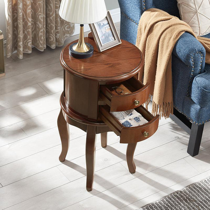 Contemporary Retro Rubberwood Space-Saving Round End Table 2-Drawer For Living Room