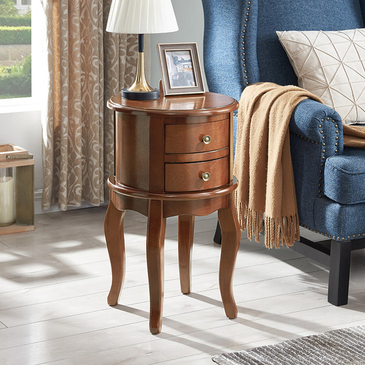 Contemporary Retro Rubberwood Space-Saving Round End Table 2-Drawer For Living Room