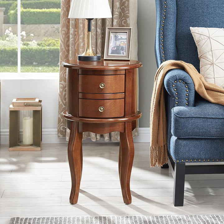 Contemporary Retro Rubberwood Space-Saving Round End Table 2-Drawer For Living Room