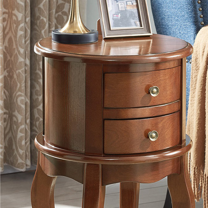 Contemporary Retro Rubberwood Space-Saving Round End Table 2-Drawer For Living Room