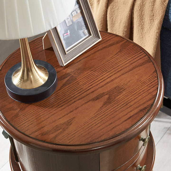 Contemporary Retro Rubberwood Space-Saving Round End Table 2-Drawer For Living Room