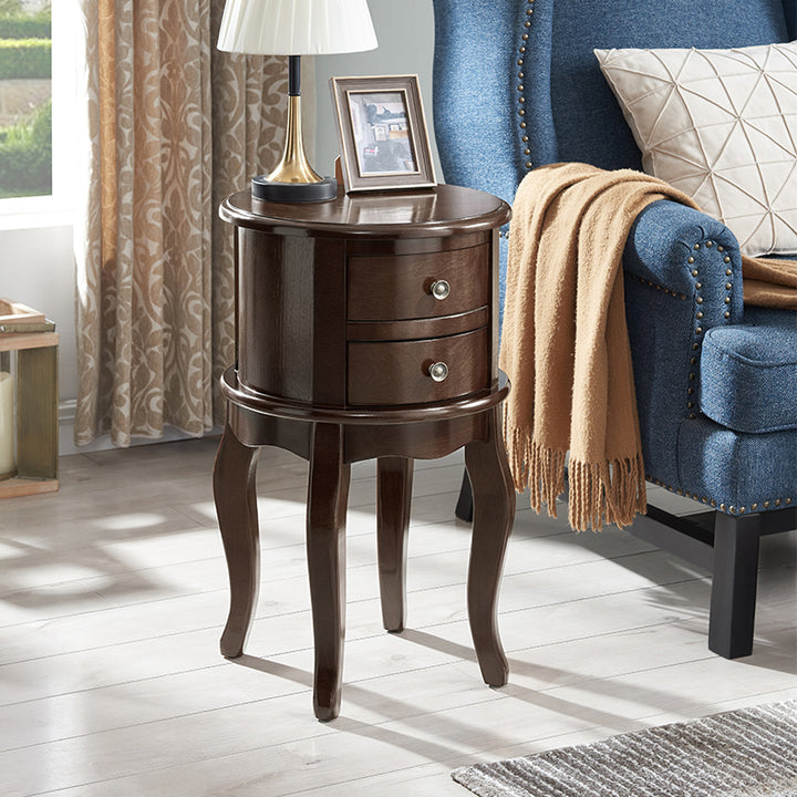 Contemporary Retro Rubberwood Space-Saving Round End Table 2-Drawer For Living Room