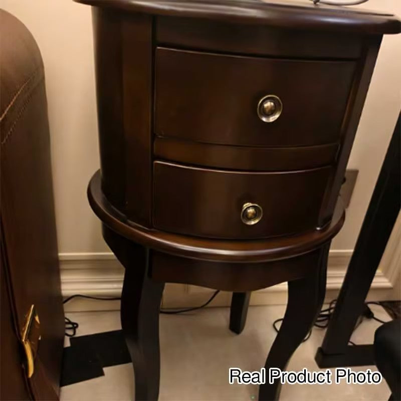 Contemporary Retro Rubberwood Space-Saving Round End Table 2-Drawer For Living Room