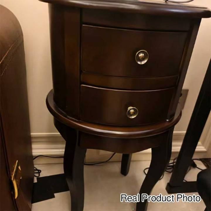 Contemporary Retro Rubberwood Space-Saving Round End Table 2-Drawer For Living Room