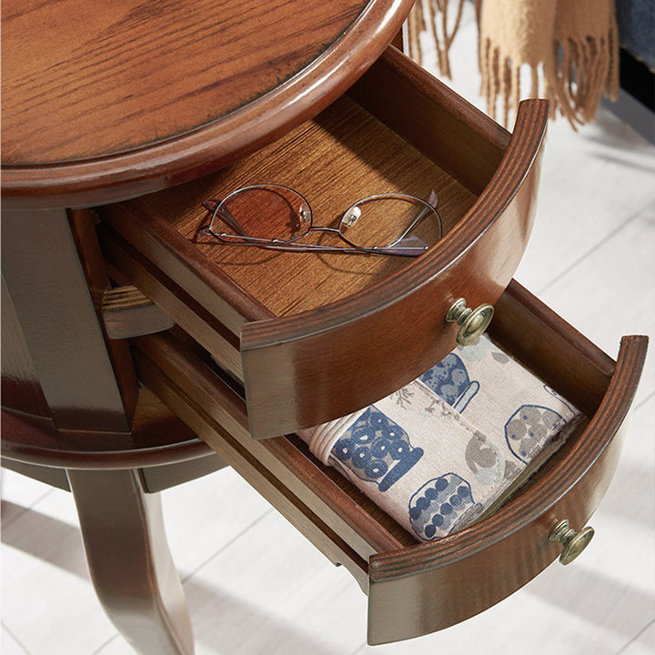Contemporary Retro Rubberwood Space-Saving Round End Table 2-Drawer For Living Room