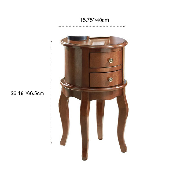 Contemporary Retro Rubberwood Space-Saving Round End Table 2-Drawer For Living Room