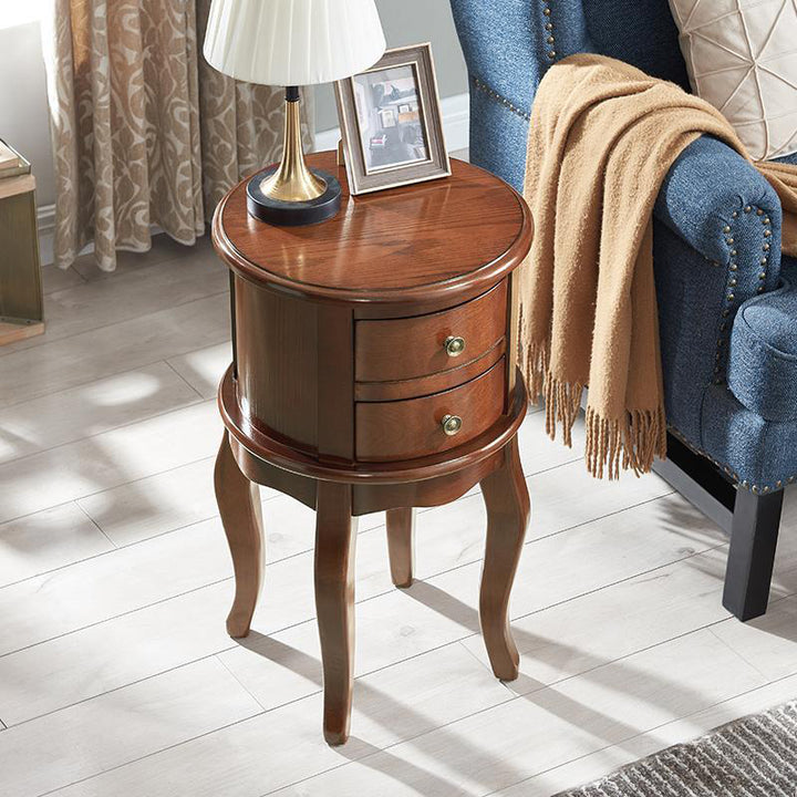 Contemporary Retro Rubberwood Space-Saving Round End Table 2-Drawer For Living Room