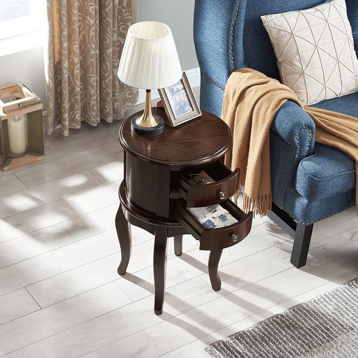 Contemporary Retro Rubberwood Space-Saving Round End Table 2-Drawer For Living Room