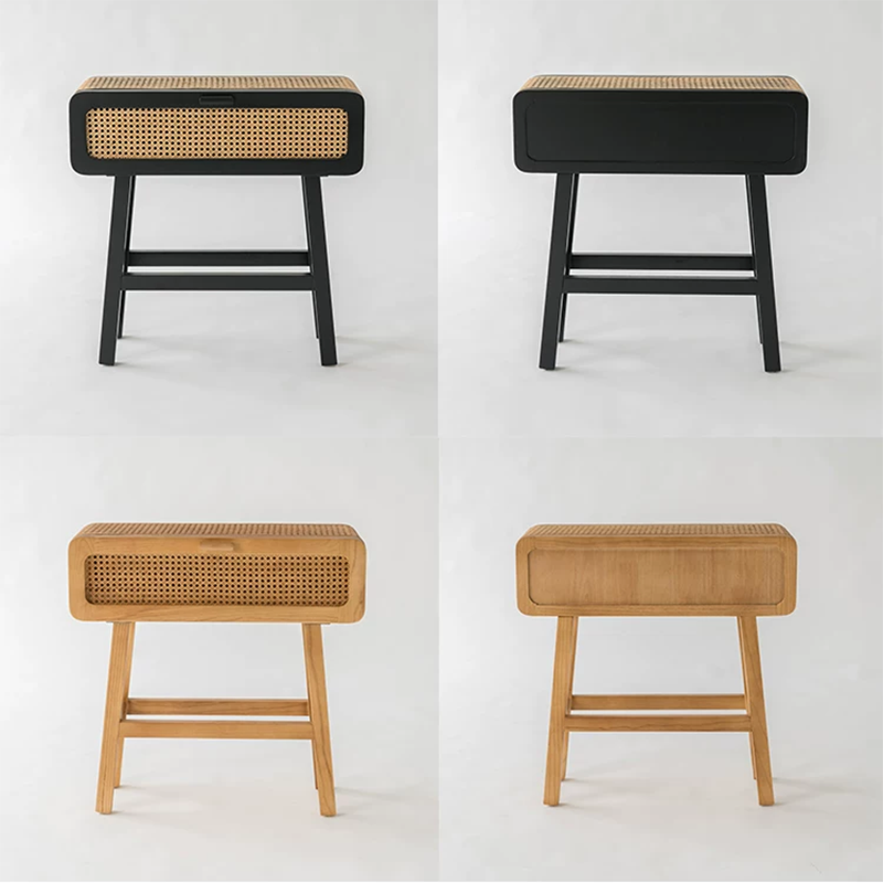 Traditional Japanese Ash Wood Plywood Rattan Weaving Highly Practical Rectangular Nightstand 1-Drawer For Bedroom