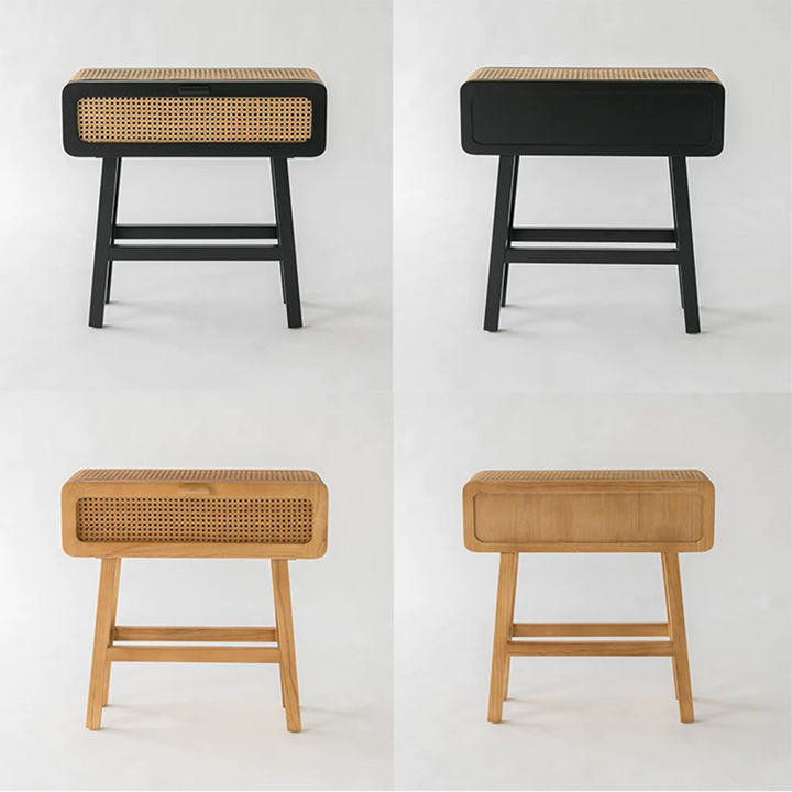 Traditional Japanese Ash Wood Plywood Rattan Weaving Highly Practical Rectangular Nightstand 1-Drawer For Bedroom